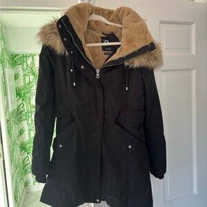 Zara Black Puffer Jacket with Tan Fur Trim